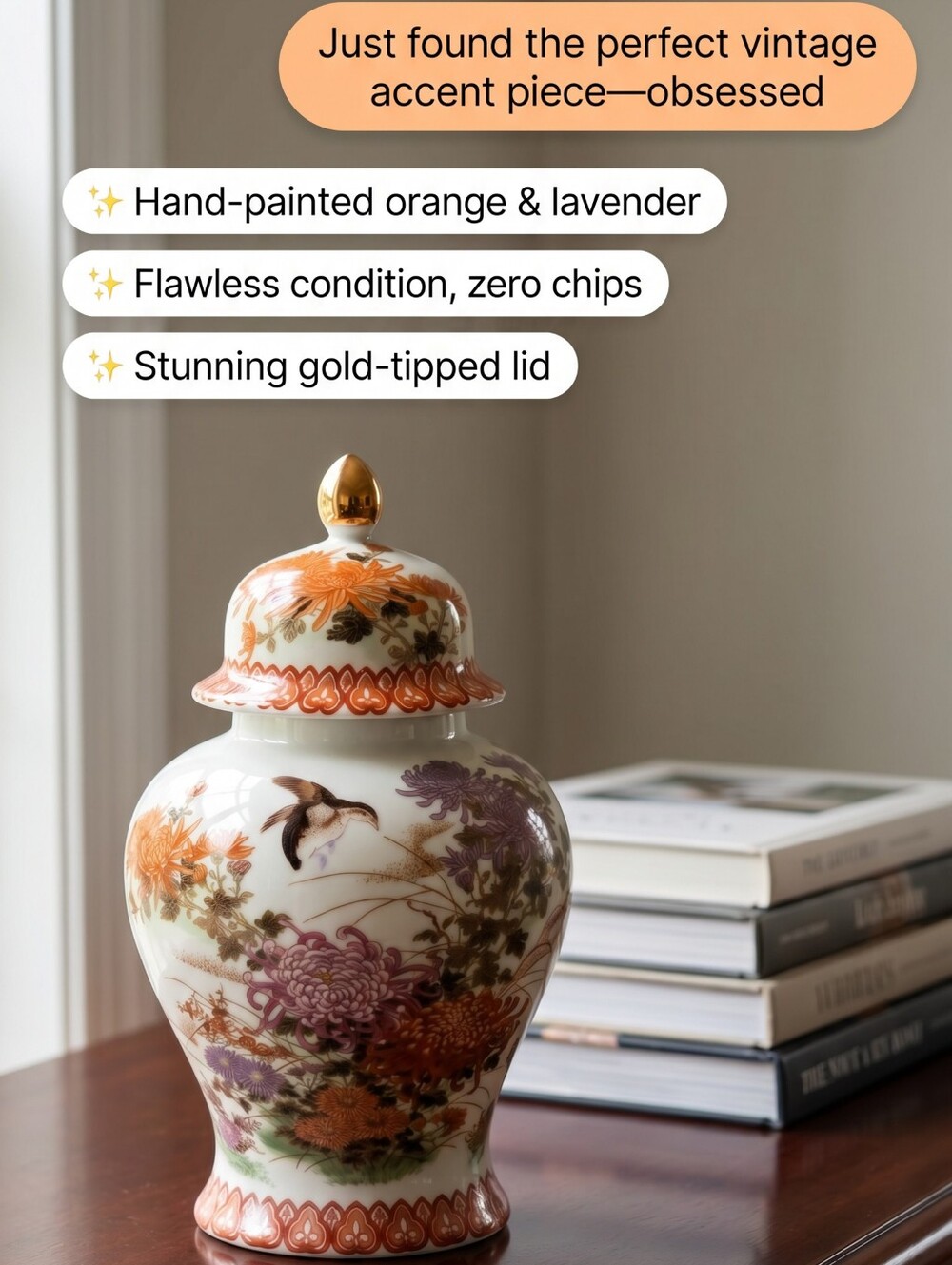 Hand-Painted Orange & Lavender Floral Ginger Jar with Gold-Tipped Lid